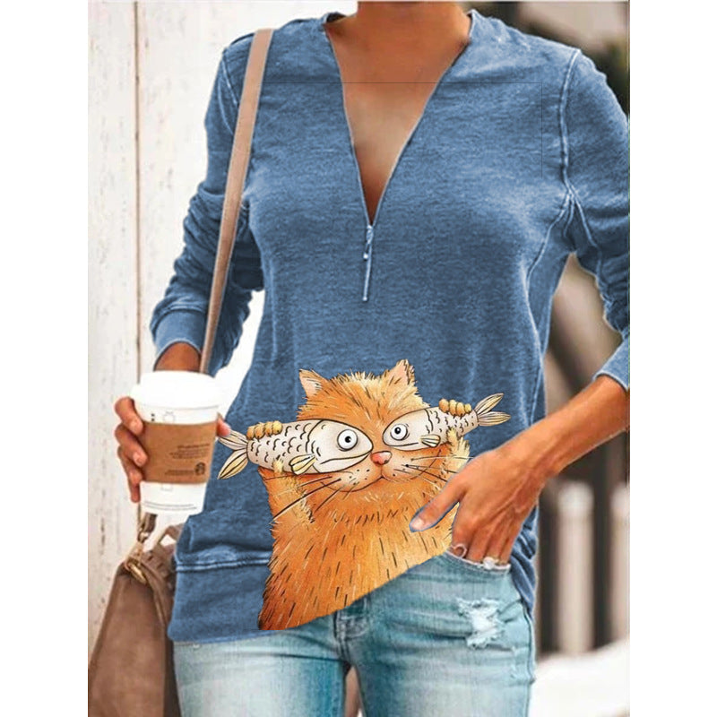 RomiLdi Women Plus Size Cute Cat with fish Animal Cat Printed Casual V Neck Sweatshirt & Top