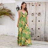 rRomildi Women's Beach Dress Bohemian Boho Leaf Print V-Neck Spaghetti Dress