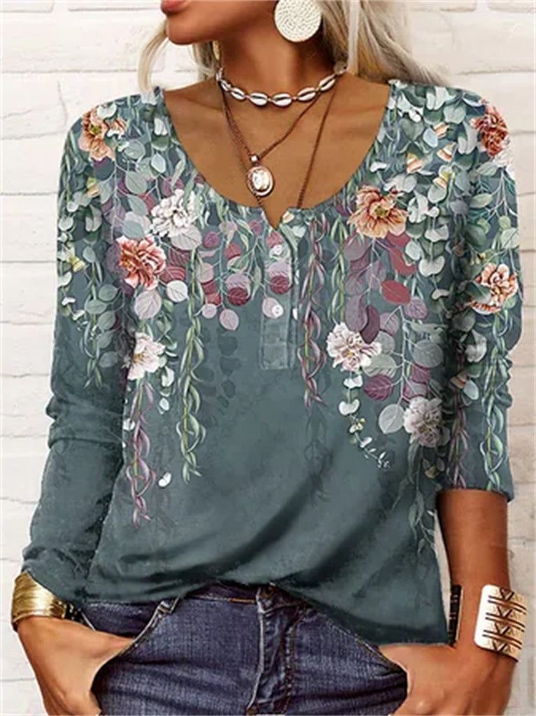 RomiLdi Women's Floral Printed U Collar Long Sleeve T-Shirt Top