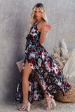 RomiLdi Long Boho Dress Floral Print Halter-Neck Maxi Dress