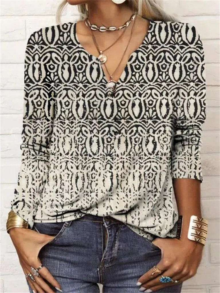 RomiLdi Women's Printed V-Neck Long Sleeve T-Shirt Top
