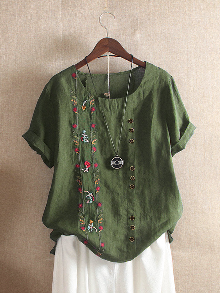 rRomildi Retro Cotton Linen Loose Short Sleeve Casual Shirt Embroidered Floral Linen Blouse