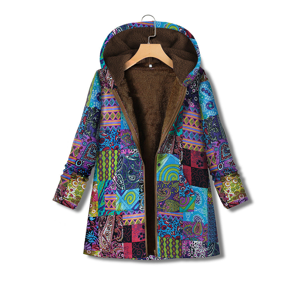 RomiLdi Womens Coat Vintage West Floral Print Hoodie Thick Fleece Jacket Cotton Linen Coat Outerwear