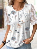 rRomildi Round Neck Casual Loose Floral Print Lace Short Sleeve T-Shirt