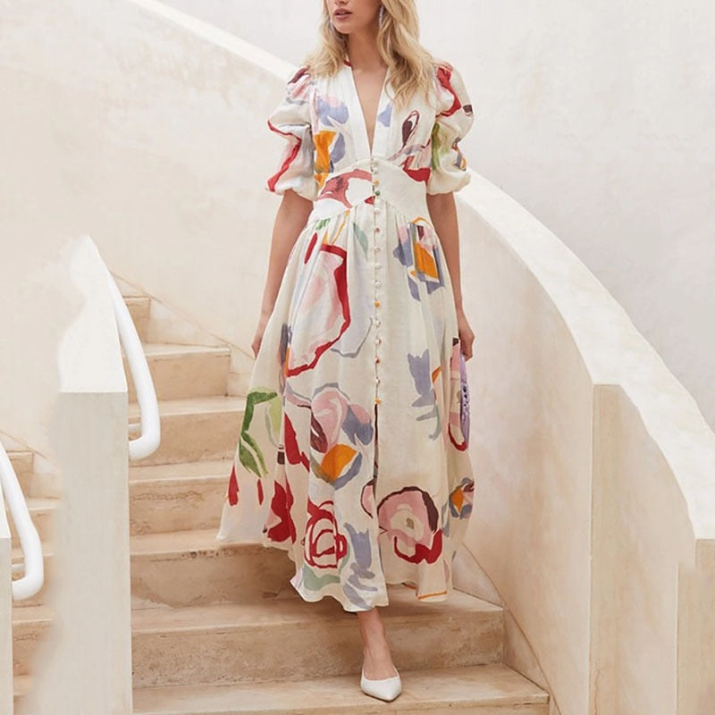 RomiLdi 2023 Spring Summer Casual Women Dresses V-Neck  A-LINE Puff Sleeve Printing Holiday Lady Dress