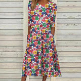 rRomildi Women's Boho Dress Crew Neck Mid Sleeve Floral Print Midi Dresses