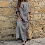 rRomildi Women's Cotton Linen Dress Striped Front Pocket Long Maxi Dress