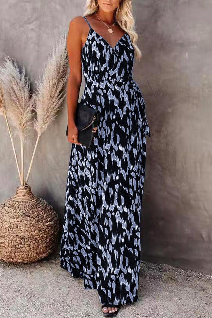 rRomildi College Vacation Zebra Print Patchwork V Neck Sling Dress Dresses