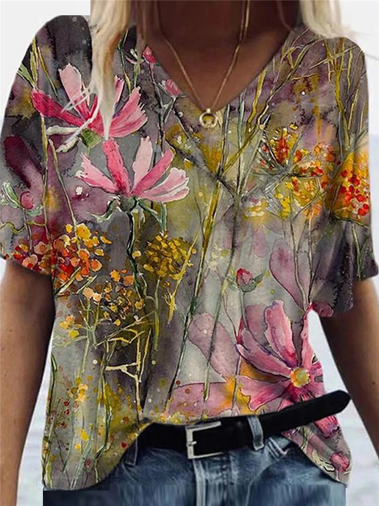RomiLdi Women's T-Shirt Spring Watercolor Floral Print V-Neck Tops