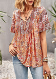 rRomildi Women's Bohemian Blouse Floral Printed Casual V-neck Top