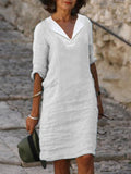 rRomildi Women's Cotton Linen Dresses V-Neck Short Sleeve Casual Cotton Linen Dress