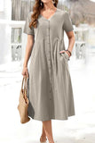 rRomildi Casual College Solid Pocket Buckle V Neck Short Sleeve Dress Dresses