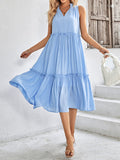 rRomildi Pleated Solid Color Sleeveless V-neck Midi Dresses