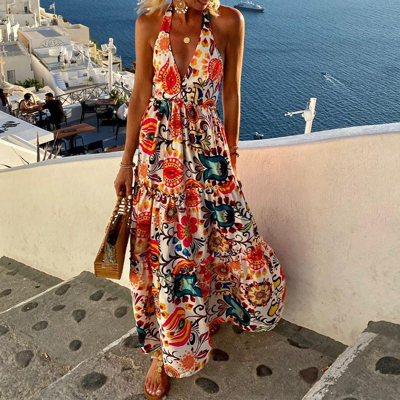 RomiLdi Deep V Halter Neck Backless Sleeveless Floral Printed Resort Beach Dress