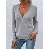 RomiLdi Women's Lace V-Neck Knitted Pullover Sweater Top Solid Color Sweater