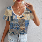 rRomildi Women's Ethnic Vintage Retro Print T-Shirt Lace V-Neck Casual Tee