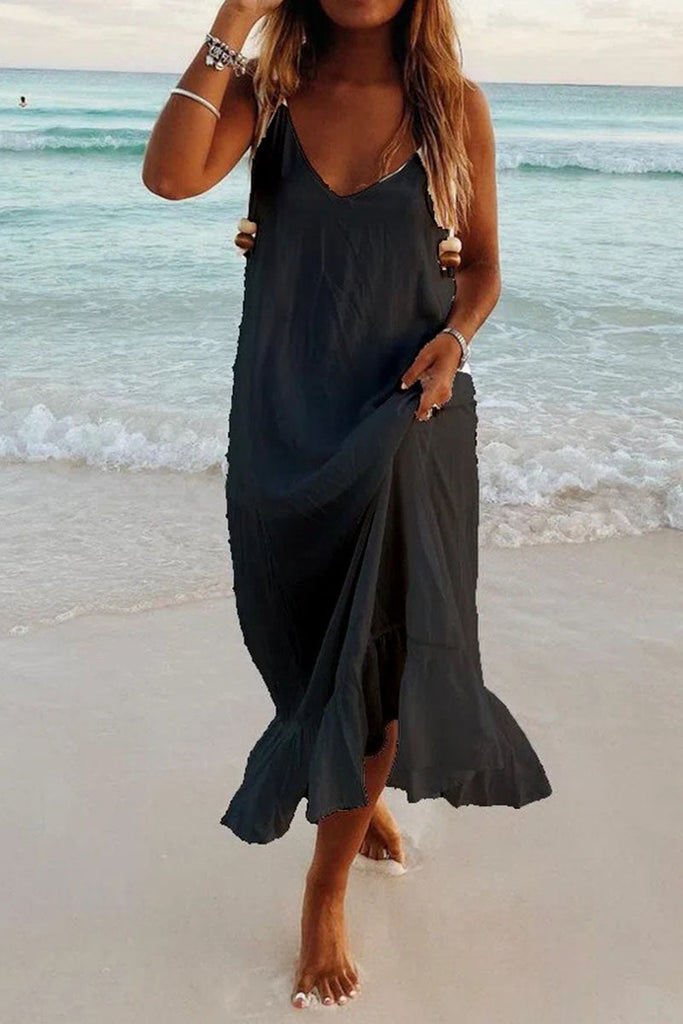 rRomildi Fashion Simplicity Solid Patchwork V Neck Beach Dresses(5 Colors)