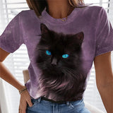 rRomildi Women's Cute Cat Print T-Shirt Crew Neck Short Sleeve 3D Cat Casual Tee