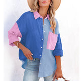 rRomildi Women's Blouses Color Patchwork Casual V-Neck Long Sleeve Button Blouse
