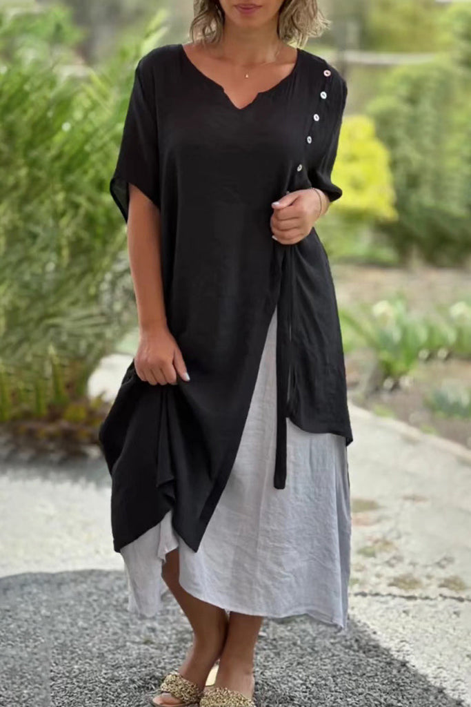rRomildi Casual College Solid Patchwork V Neck Irregular Dress Dresses