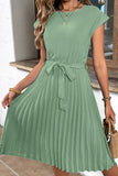 rRomildi Elegant Solid Frenulum Fold O Neck Pleated Dresses