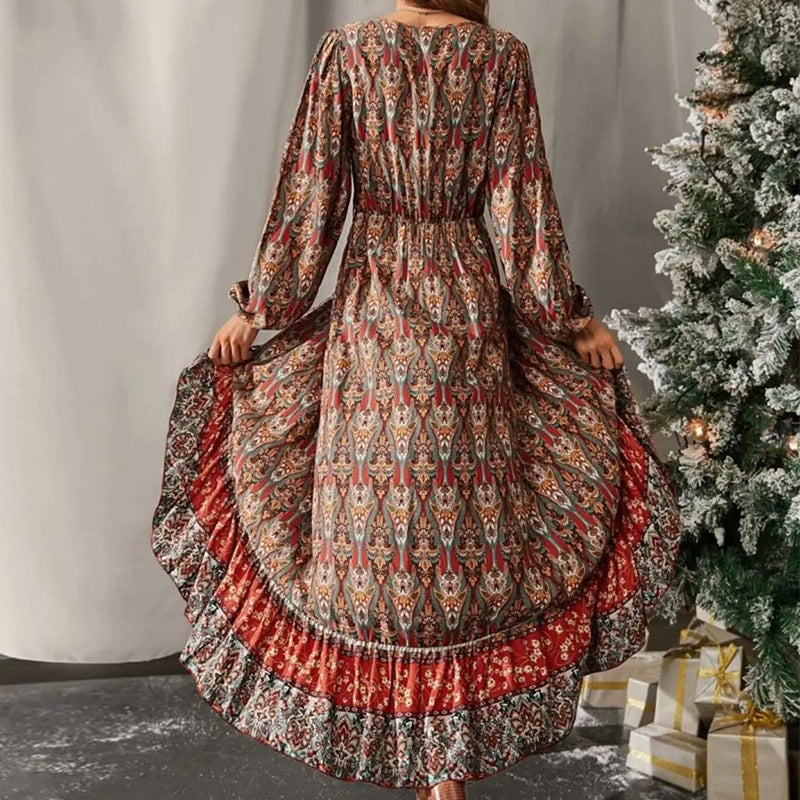 RomiLdi Women's Bohemian Dress V-Neck Long Sleeve Big Swing Floral Maxi Dress
