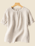 rRomildi Women's Cotton Linen Shirt Short Sleeve Crew Neck Graceful Linen Blouse