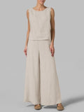 rRomildi Summer Outfits Casual Plain Cotton and Linen Suits Sleeveless Tank Top and Pants Two-Piece Sets