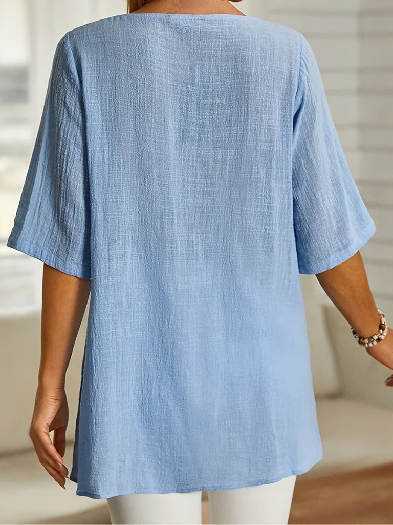 rRomildi Women's Plain Button Trim V-Neck Short Sleeve Asymmetrical Hem T-Shirt