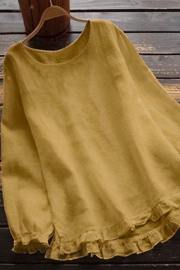 rRomildi Women's Round Neck Cotton Linen Long Sleeve Blouse