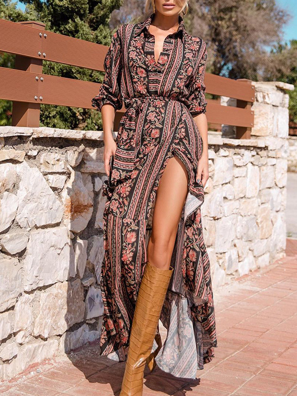 RomiLdi Women's Bohemian Dress Lapel Long Sleeve Floral Slit Long Maxi Boho Dress