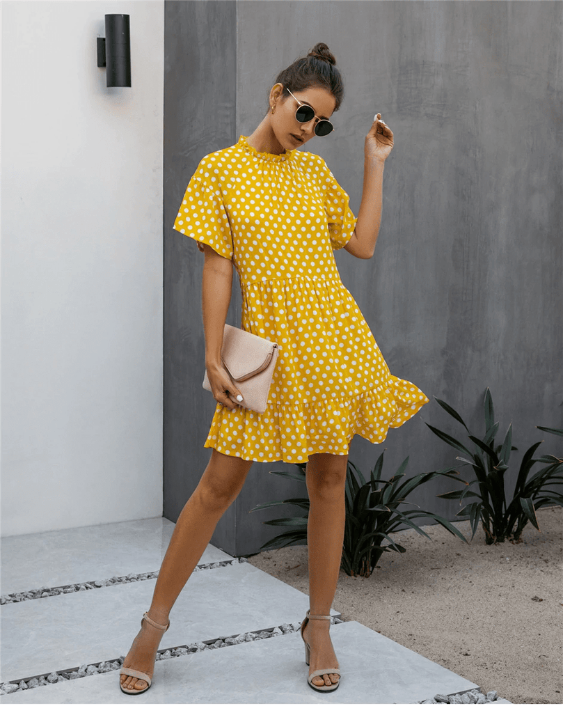 RomiLdi Retro Boho Dress in Yellow with Polka Dots