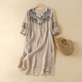 rRomildi Women's Cotton Linen Dress Tribal Embroidery Floral V-Neck Linen Dress