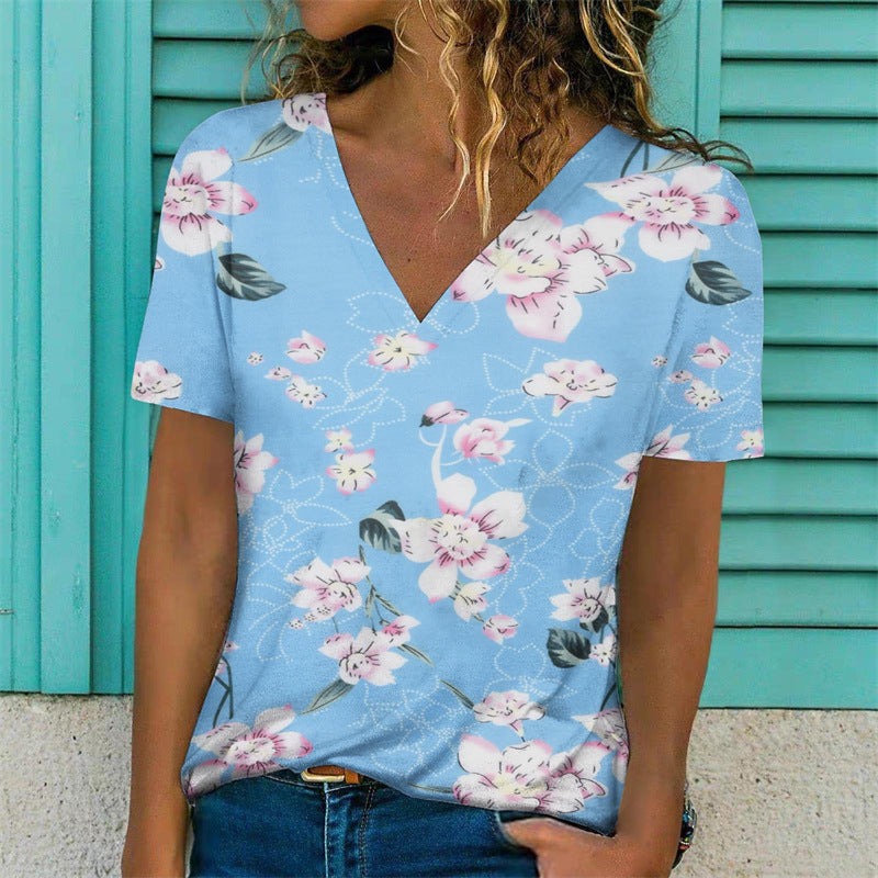 rRomildi Women's Floral Tops V-Neck Flower Print Spring Summer Casual T-Shirts