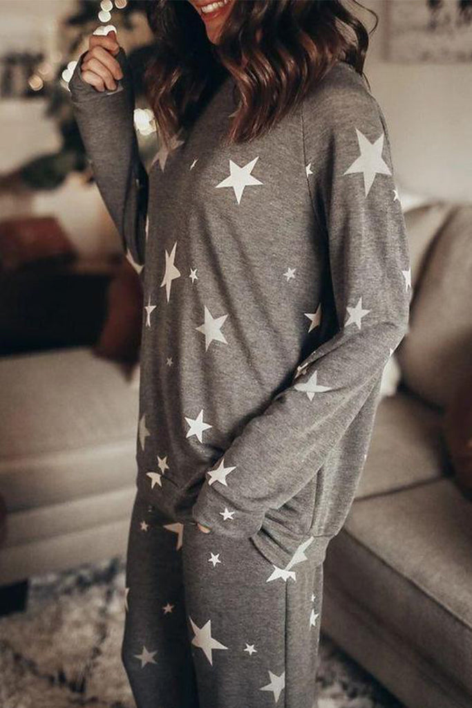 RomiLdi Casual The stars Printing O Neck Long Sleeve Two Pieces