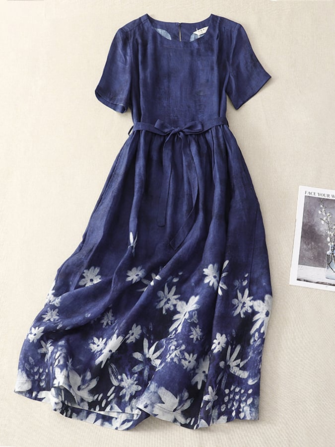 rRomildi Cotton And Linen Floral Belt Dress