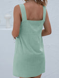 RomiLdi Women's Cotton Linen Casual Solid Colour Pocket Buckle Square Collar Strap Dress