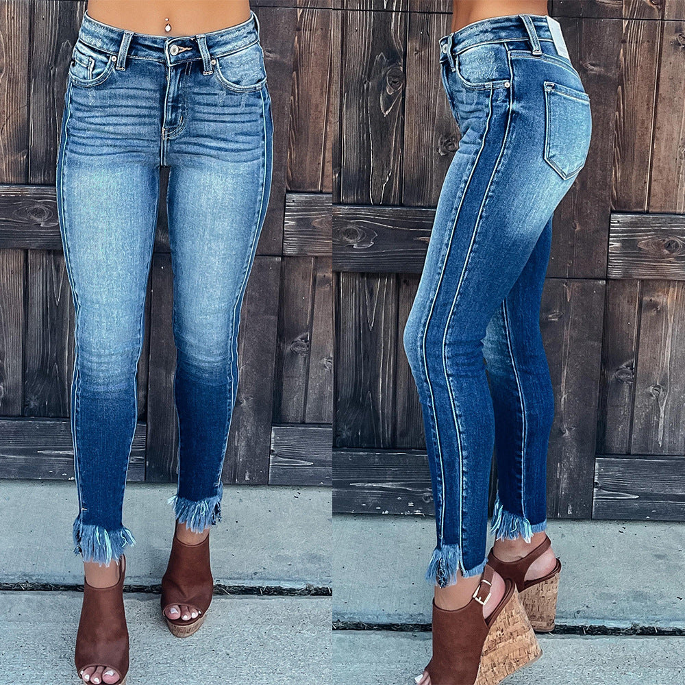 rRomildi Women's Denim Jeans Tassels Hem Skinny Slimming Jeans Cowboy Style Jeans
