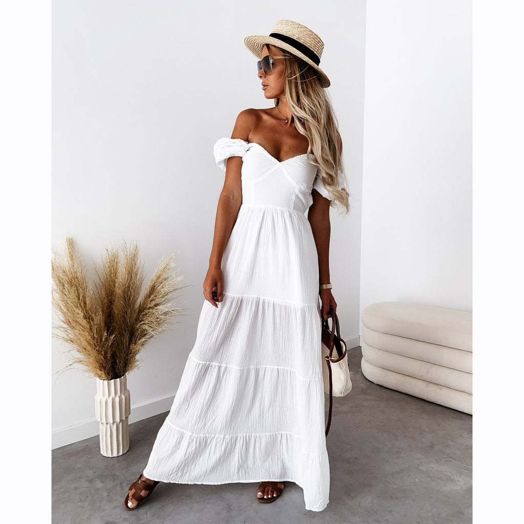RomiLdi V Neck Puff Sleeve Backless Maxi Dress Holiday Casual Dress
