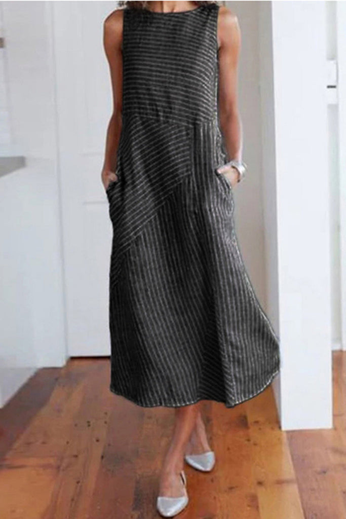 rRomildi Casual Sweet Striped Pocket O Neck Sleeveless Dress Dresses(4 Colors)