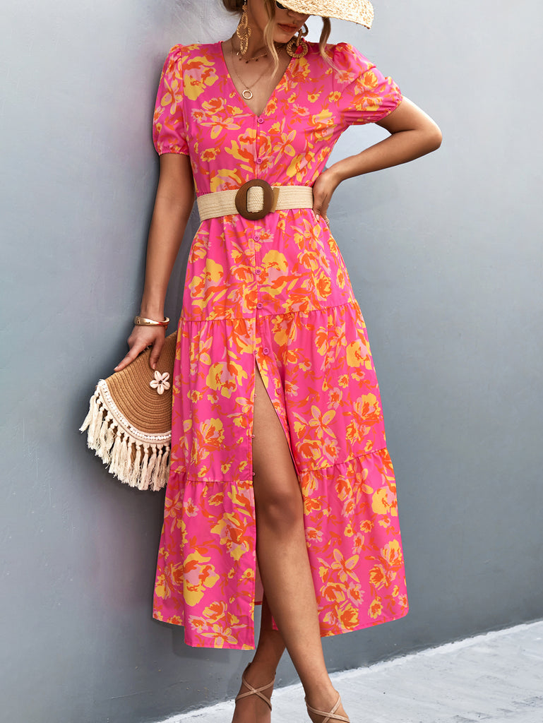 rRomildi Womens Floral Dress Summer V-Neck Single-Breasted Dresses