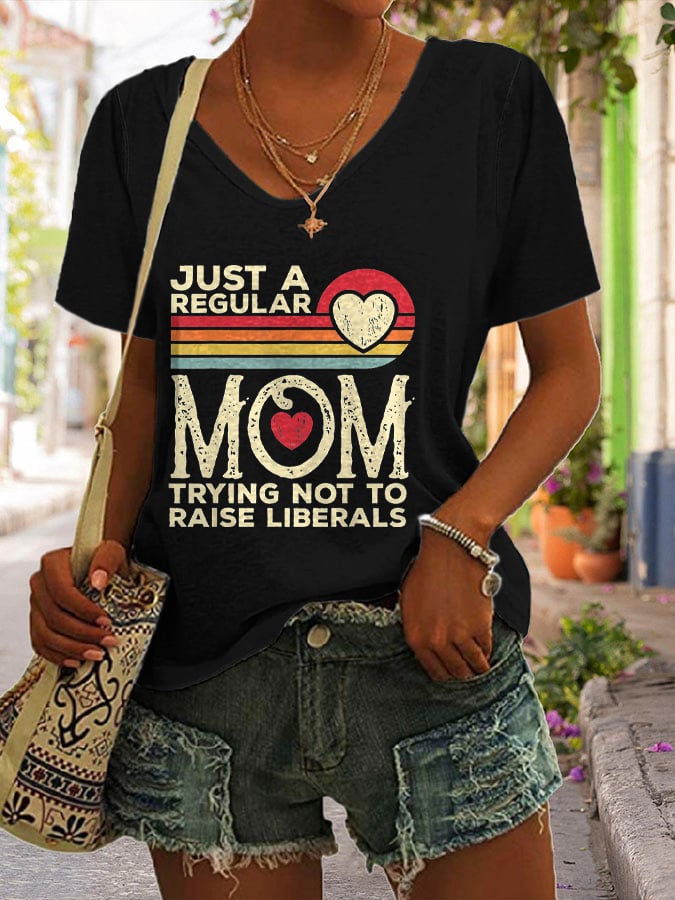 rRomildi Just A Regular Mom Trying Not To Raise Liberal Print T-Shirt