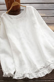 rRomildi Women's Round Neck Cotton Linen Long Sleeve Blouse