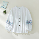 rRomildi Women's Cotton Linen Shirt Tribal Embroidery Floral Linen Blouse