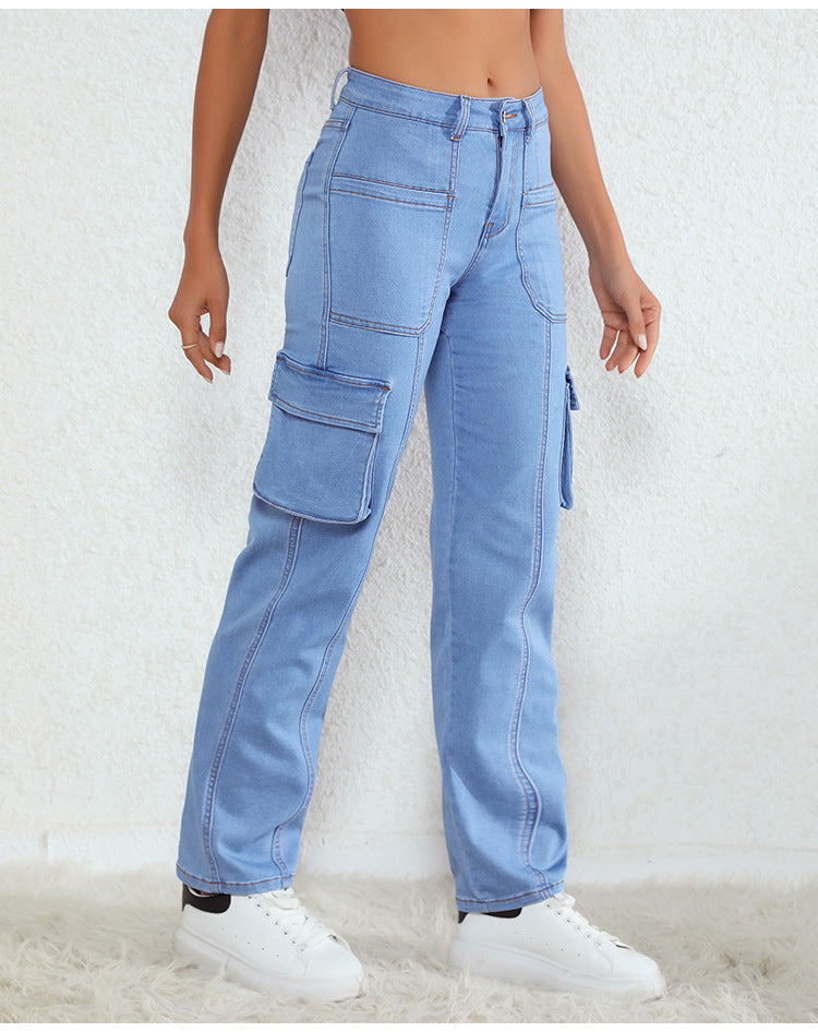 RomiLdi Women's Cargo Denim Pant Straight Leg Loose Stretch Pocket Cargo Jeans