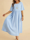 rRomildi Women's Cotton Linen Dress Crew Neck Short Sleeve Midi Linen Dress