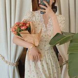 Romildi Vintage Floral Dress Women Elegant Lace Chiffon Korean Party Dress Puff Sleeve V Neck Midi Dress Fall Dresses for Women