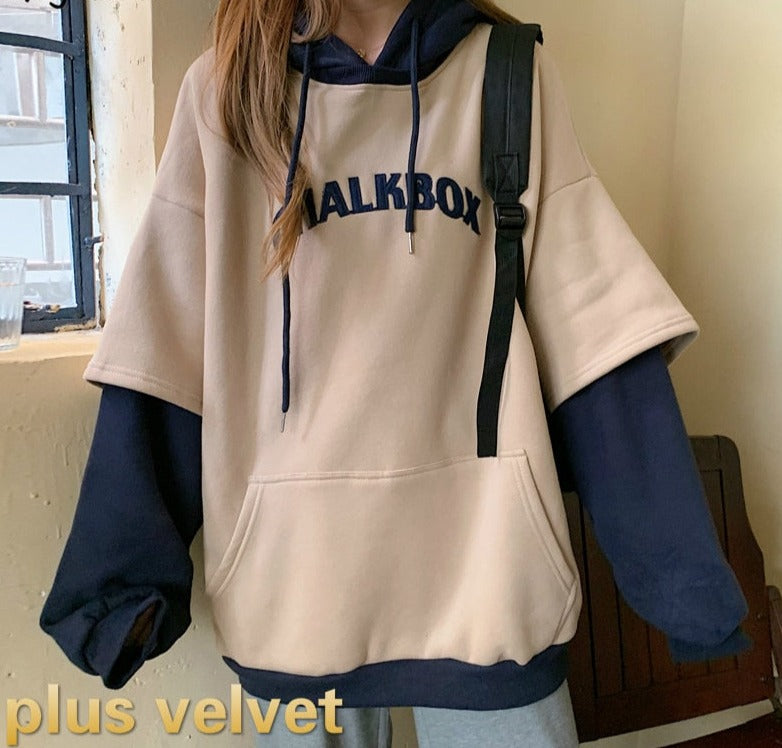 Romildi Hoodies Women Plus Velvet Thicker Korean BF Ulzzang Embroidery Letter Long Loose Pullovers Hooded Warm Students Daily Womens New