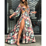 Beach Dress Summer Floral Swimsuit Print Belt Bathing Suit Women Long Cover Up Off Shoulder Beachwear Bandeau Halt Swimsuit