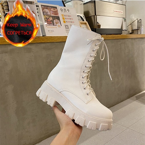 Romildi Women Motorcycle Boots Wedges Flat Shoes Woman High Heel Platform PU Leather Boots Lace Up Women Shoes Black Boots Girls